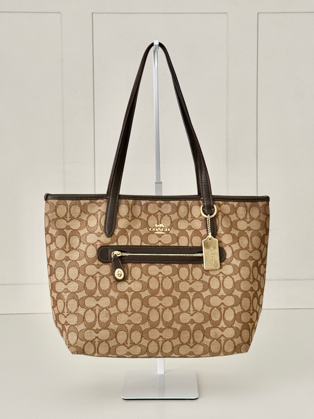 Coach Tan/Brown Signature Jacquard Tote with Dark Brown Trim